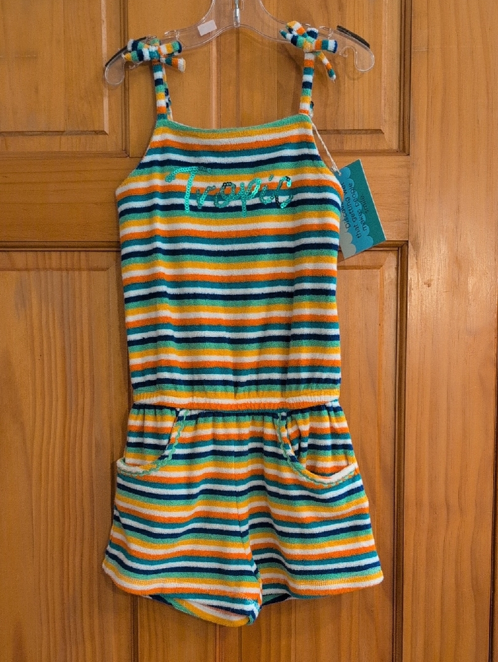 Boboli Striped Terry Romper with 'Tropic' Embroidery